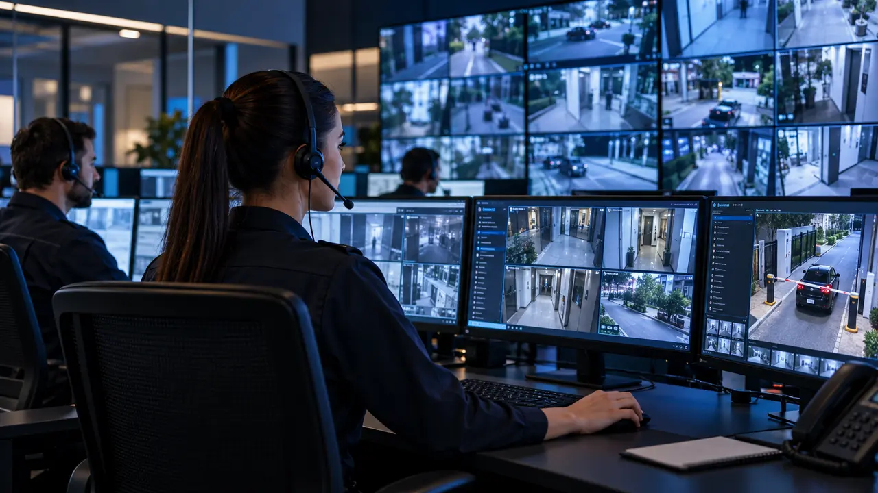 Operadora de central de monitoramento com headset diante de um painel de câmeras