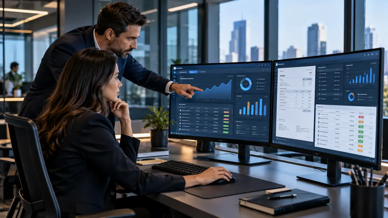 Equipe administrativa analisa gráficos financeiros em dois monitores