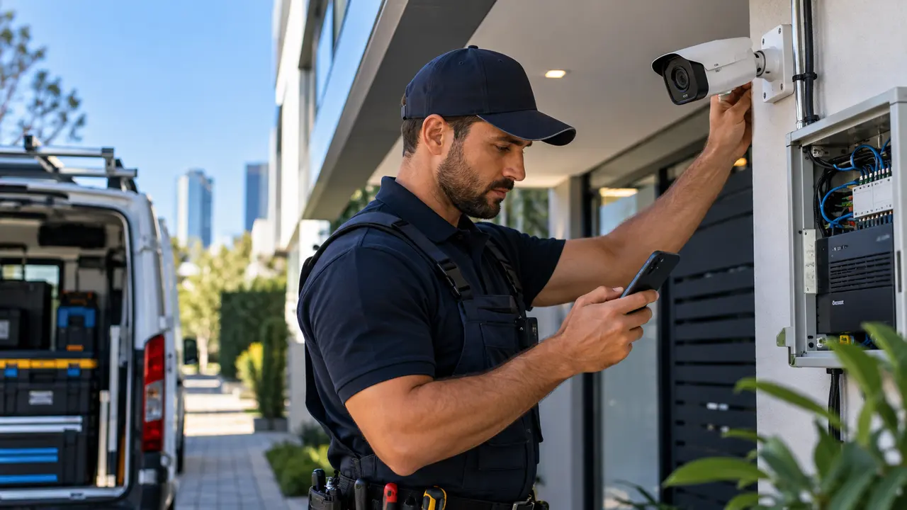Técnico de segurança eletrônica instala uma câmera e consulta a ordem de serviço no celular